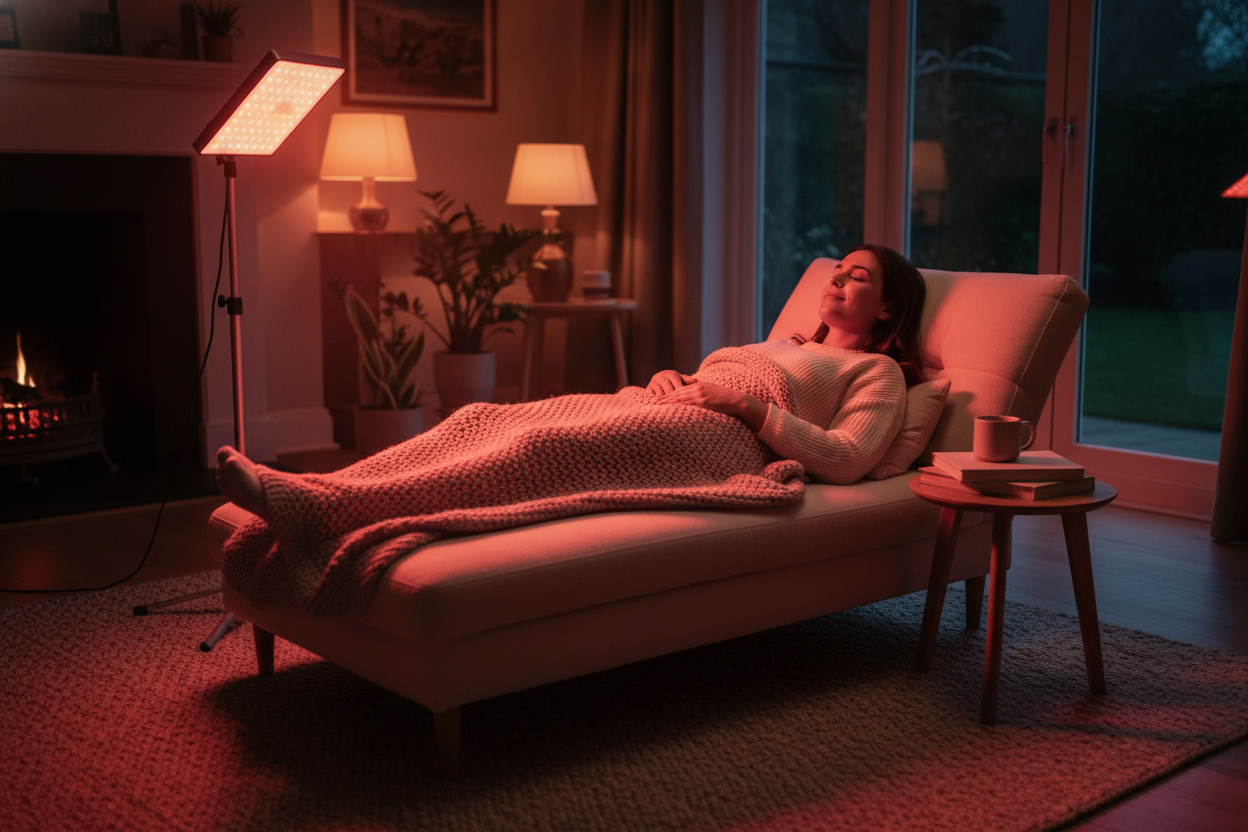 lav et red light therapy hvor man ligger derhjemme og helt afslappet men ikke medn en voldsom red light therapy