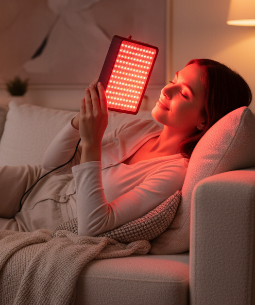red light therapy med en kvinde som slapper af i sofaen